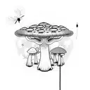 Illustrate a magical forest scene with glowing mushrooms and a rhinoceros beetle as the central focus tattoo design idea