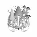 Illustrate a magical forest scene with glowing mushrooms and a rhinoceros beetle as the central focus tattoo design idea