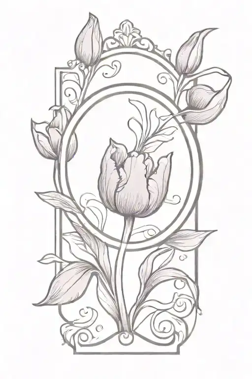  A mirror referencing classical Greek culture reflecting a purple tulip with the phrase 'If you need a hero' at the top tattoo design idea