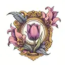  A mirror referencing classical Greek culture reflecting a purple tulip with the phrase 'If you need a hero' at the top tattoo design idea