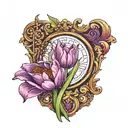  A mirror referencing classical Greek culture reflecting a purple tulip with the phrase 'If you need a hero' at the top tattoo design idea