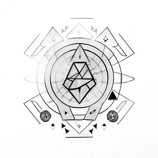 long minimalistic geometric sigil with planets, poker cards, technology, dragon scales tattoo design idea