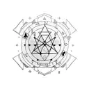 long minimalistic geometric sigil with planets, poker cards, technology, dragon scales tattoo design idea