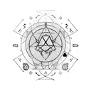 long minimalistic geometric sigil with planets, poker cards, technology, dragon scales tattoo design idea