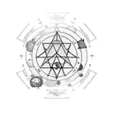 long minimalistic geometric sigil with planets, poker cards, technology, dragon scales tattoo design idea