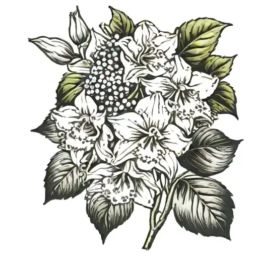 What birth flowers do you want to include?    Violet(February), Hawthorn(May), Daffodil(March), delphinium(July), Mornin tattoo design idea