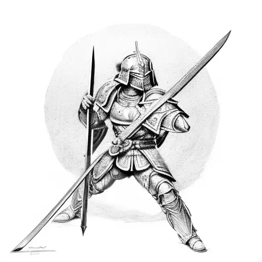 Imagine a Spartan soldier, wearing traditional armor and wielding a spear or sword, in a powerful stance facing multiple tattoo design idea