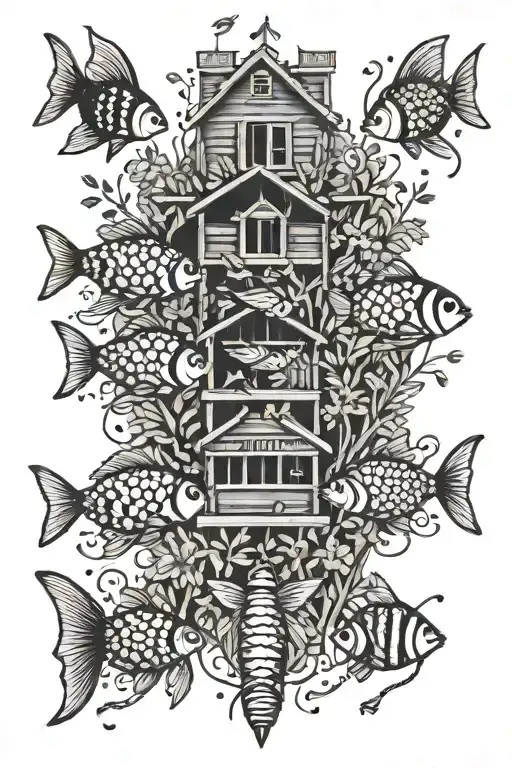 An intricate blackwork tattoo design featuring a school of fish swimming around a beehive, inspired by your love for fishing and bees tattoo design idea