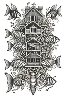 An intricate blackwork tattoo design featuring a school of fish swimming around a beehive, inspired by your love for fishing and bees tattoo design idea