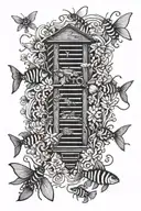 An intricate blackwork tattoo design featuring a school of fish swimming around a beehive, inspired by your love for fishing and bees tattoo design idea