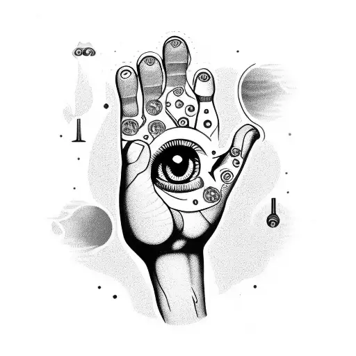 hand with five fingers an eye plam surrounded by time and the base of the wrist is in the shape of a plunger tattoo design idea