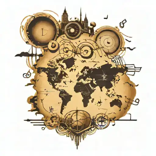 A map of the world with music notes marking favorite travel destinations tattoo design idea