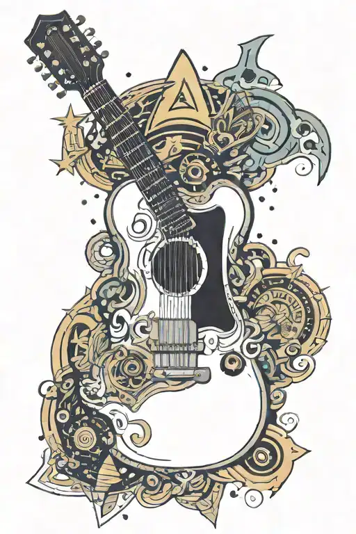 A guitar surrounded by a galaxy of Star Trek symbols tattoo design idea