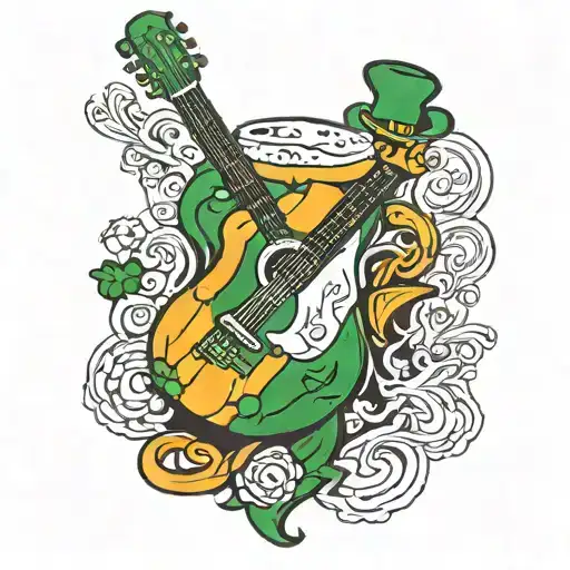 A French Irish flag design with a guitar and beer mug intertwined tattoo design idea