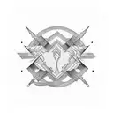 "Firmitas intentionum. Decretorium actiosign" title. In a lignt that is draw as sharp stripes tattoo design idea