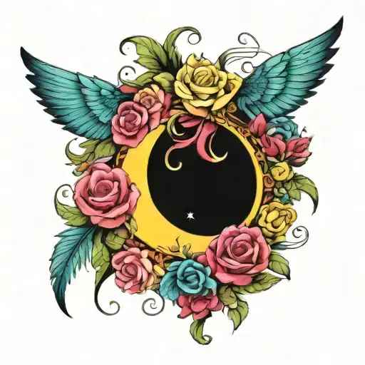 Crescent Moon colored Green, Blue, Pink, Yellow, Red, with roses, feathers butterflies tattoo design idea
