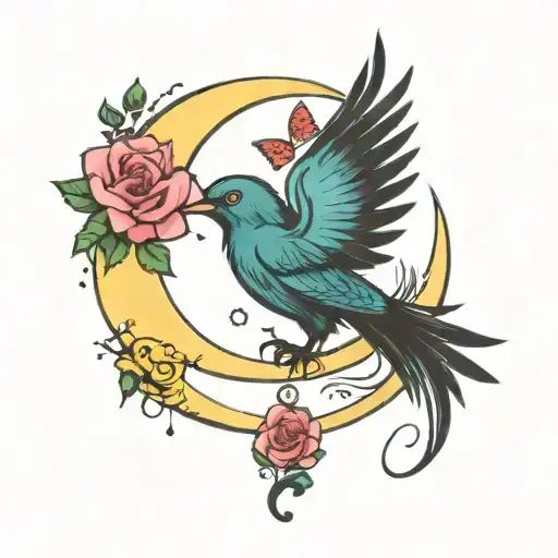 moon that forms letter C with colors Green, Blue, pink, yellow, red, with roses, stars, feathers and butterflies tattoo design idea