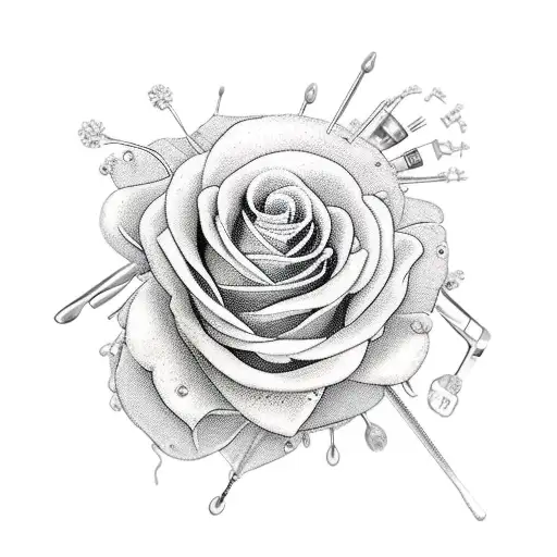 A phlebotomist's tools intertwined with delicate floral elements tattoo design idea