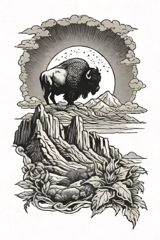 bison, buck, mountain night scene on half, joshua tree desert scene on half, violet flower, bald eagle flying tattoo design idea