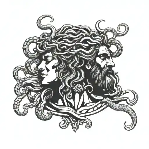 medusa holding the head of poseidon god tattoo design idea