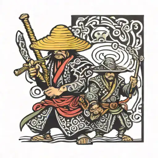 straw hat samurai and African tribal warrior wielding tattoo design idea