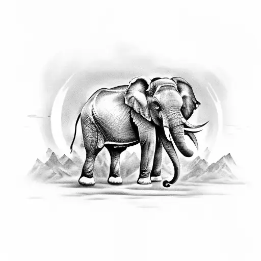 A mystical black-grey tattoo of an elephant surrounded by lush greenery and colorful butterflies tattoo design idea
