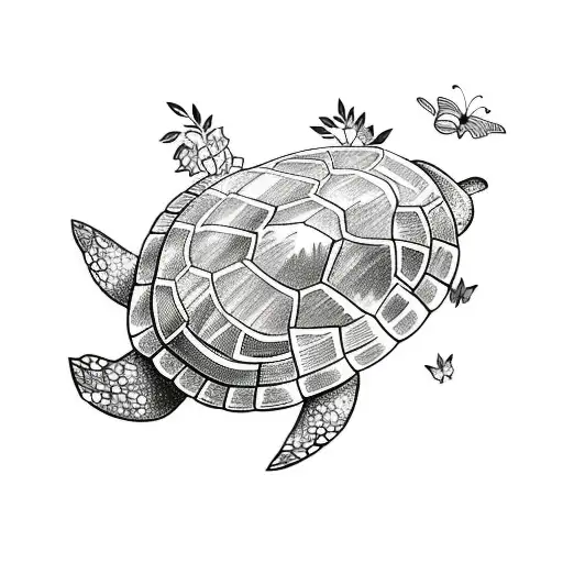 A sketch-style tattoo of a turtle crawling through a vibrant garden filled with plants and butterflies tattoo design idea