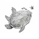 A sketch-style tattoo of a turtle crawling through a vibrant garden filled with plants and butterflies tattoo design idea