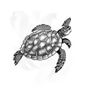 A sketch-style tattoo of a turtle crawling through a vibrant garden filled with plants and butterflies tattoo design idea