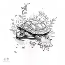 A sketch-style tattoo of a turtle crawling through a vibrant garden filled with plants and butterflies tattoo design idea