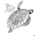 A sketch-style tattoo of a turtle crawling through a vibrant garden filled with plants and butterflies tattoo design idea