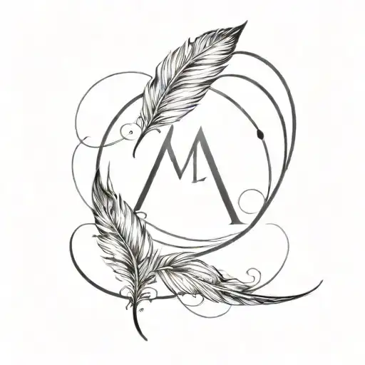 simple minimalist feather infinity symbol with initials "m" and " L" black ink tattoo design idea