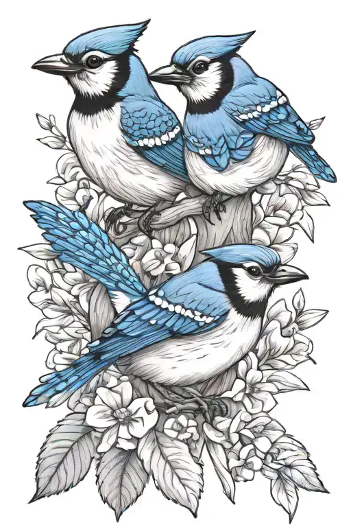 baby blue jay and adult blue jay with sweet pea in it's mouth  tattoo design idea