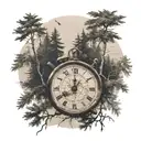 a roman numeral clock in the background, world map, forest landscape tattoo design idea