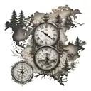 a roman numeral clock in the background, world map, forest landscape tattoo design idea