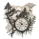 a roman numeral clock in the background, world map, forest landscape tattoo design idea