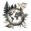 a roman numeral clock in the background, world map, forest landscape tattoo design idea