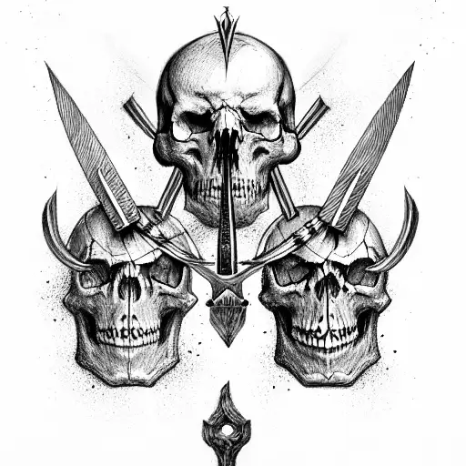 three nordic skulls facing away from each other with swords crossing behind them tattoo design idea