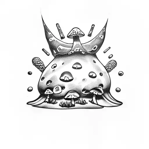 A traditional style tattoo of Sandman sitting on a mushroom with comic book speech bubbles surrounding him tattoo design idea