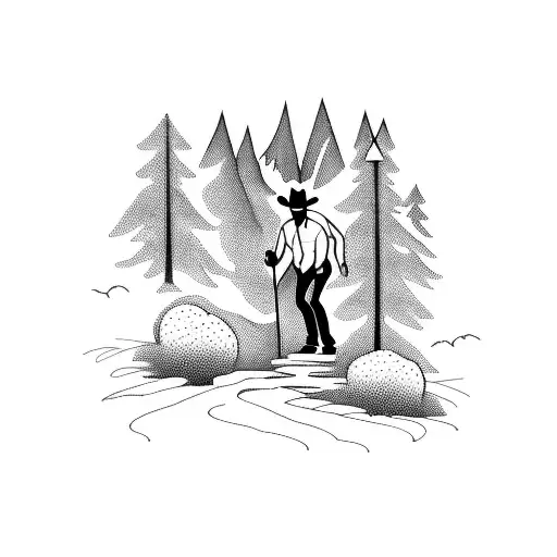 Cowboy walking down trail to mountains with guitar on his back tattoo design idea