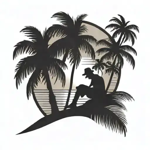 A tattoo design of a tropical beach sunset scene with a silhouette of a student studying under a palm tree, symbolizing the client's love for vacations and dedication to their studies tattoo design idea