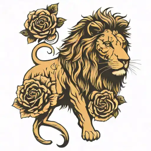 lion , illuminati , roses , scroll wrapped tattoo design idea