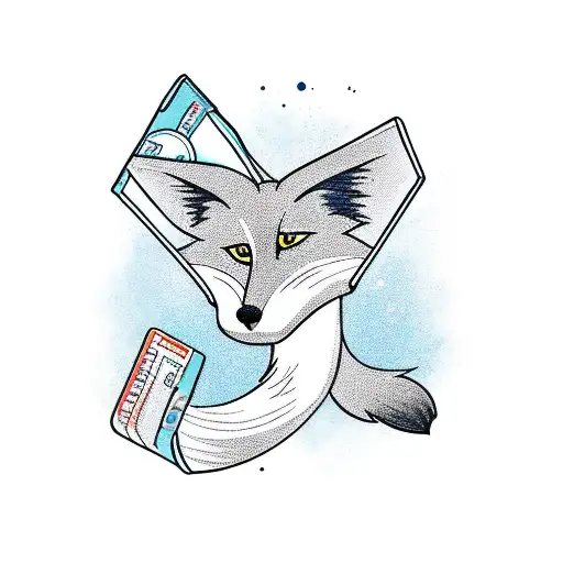 A fox depicted in a new-school style, holding a small pouch of drugs, representing the client's interest in both the fox and drugs. tattoo design idea