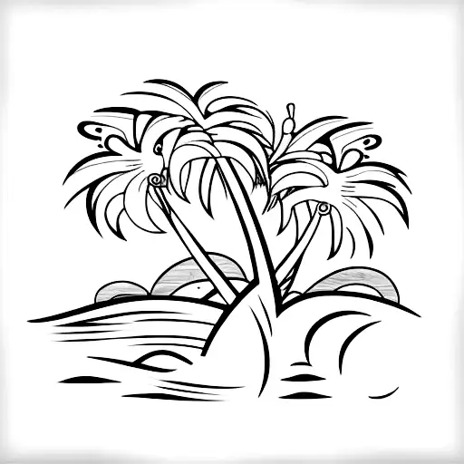 A minimalist tattoo of a beach landscape with palm trees and waves, capturing the essence of the beach tattoo design idea