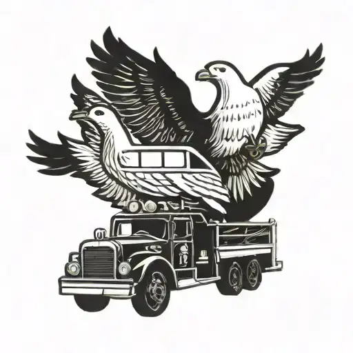 fire truck with white dove above it, September 16, 1981 date on the truck tattoo design idea