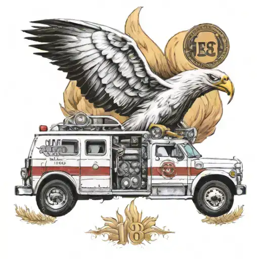 fire truck with September 16, 1981 date on it, white dove above it  tattoo design idea