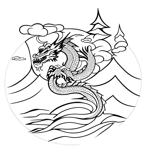 dragon flying over pine trees and mountains tattoo design idea