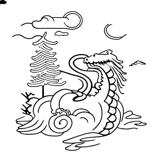 dragon flying over mountains and pine trees tattoo design idea