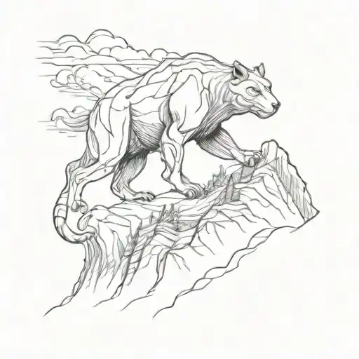 A surrealistic tattoo of a muscular animal hiking up a mountain, blending the client's interests in hiking and animals tattoo design idea