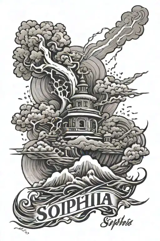 name sophia with lightening storm in the distance background tattoo design idea